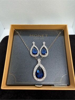 Monet Sapphire Blue Teardrop Necklace Earrings Set NIB Rhinestone Halo Bridal
